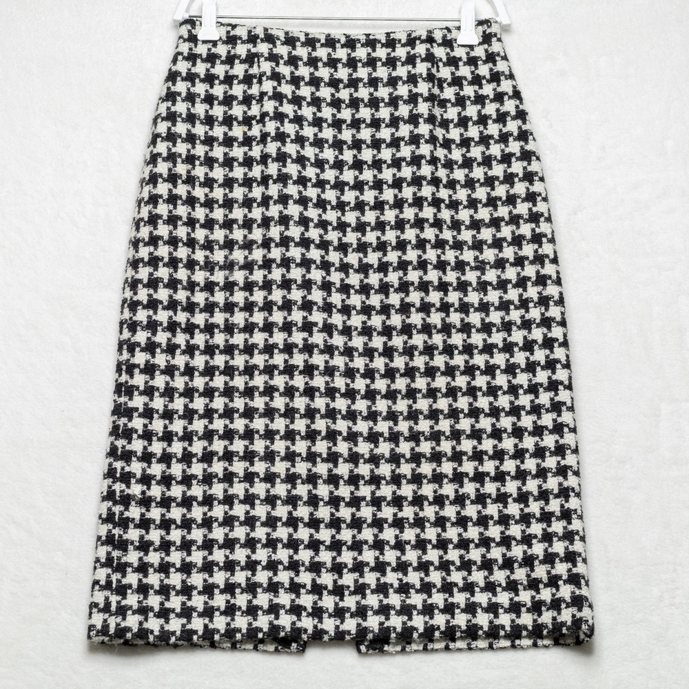LIZ CLAIBORNE Houndstooth Pencil Midi Skirt Wool Blend Boucle Black White Sz 4